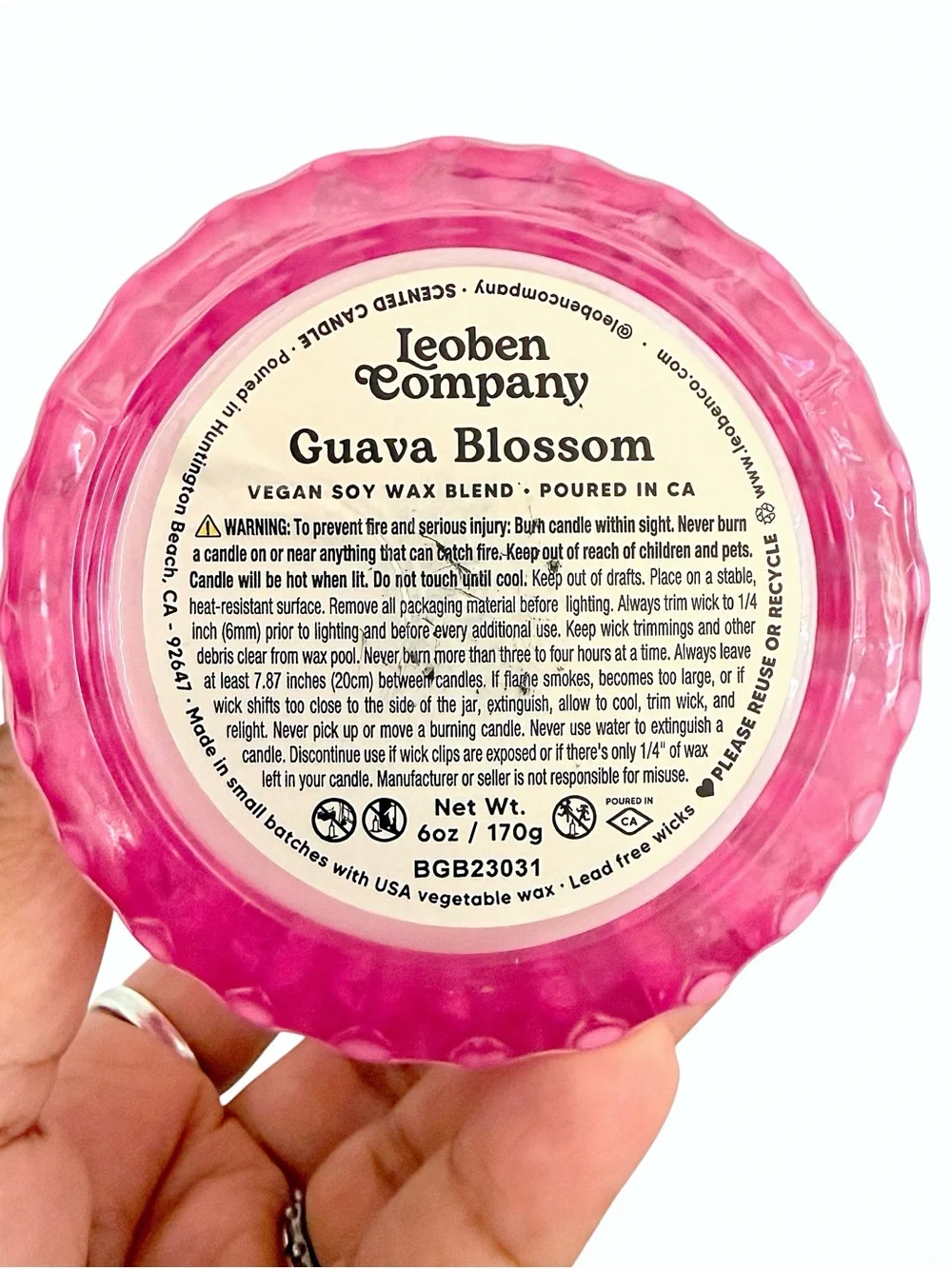 Leoben Company Guava Blossom Scented Candle Iridescent Pink Cut Glass Jar w/ Lid